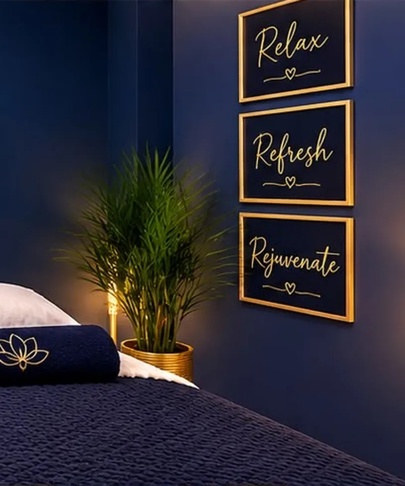 The treatment room at Roe Green, with Relax, Refresh and Rejuvenate prints