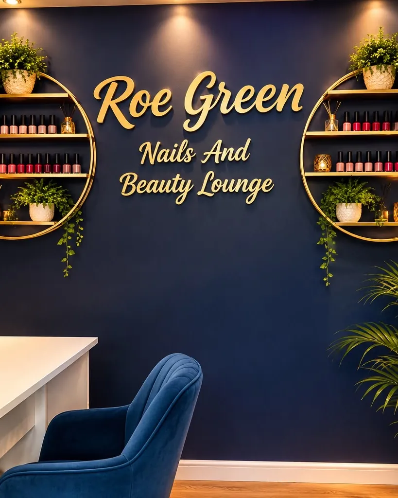 The navy and gold feature wall at Roe Green Nails and Beauty Lounge