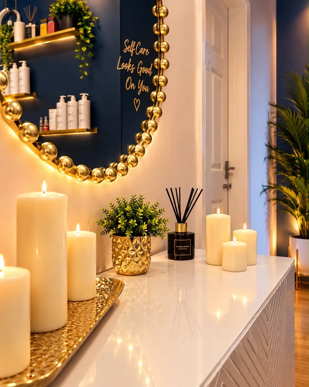 Candles and a gold mirror in the Roe Green lounge